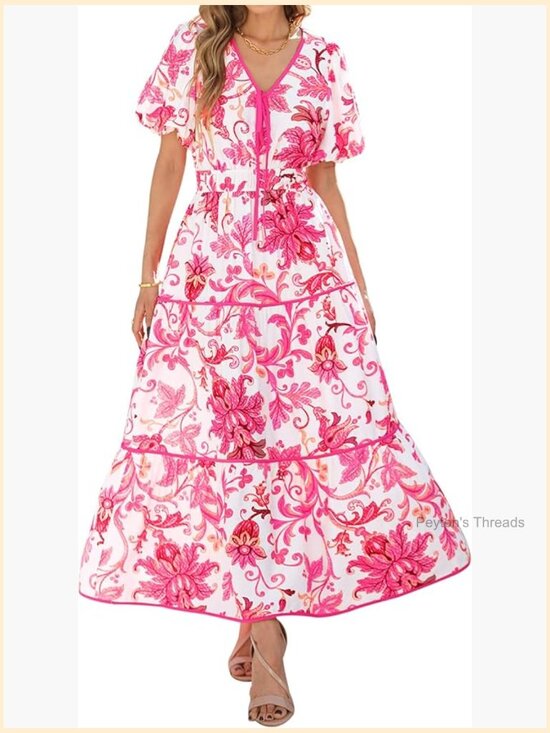 Dresses & Skirts - Boho Flowy Tiered Maxi Dress Wedding Guest V Neck Puff Sleeve